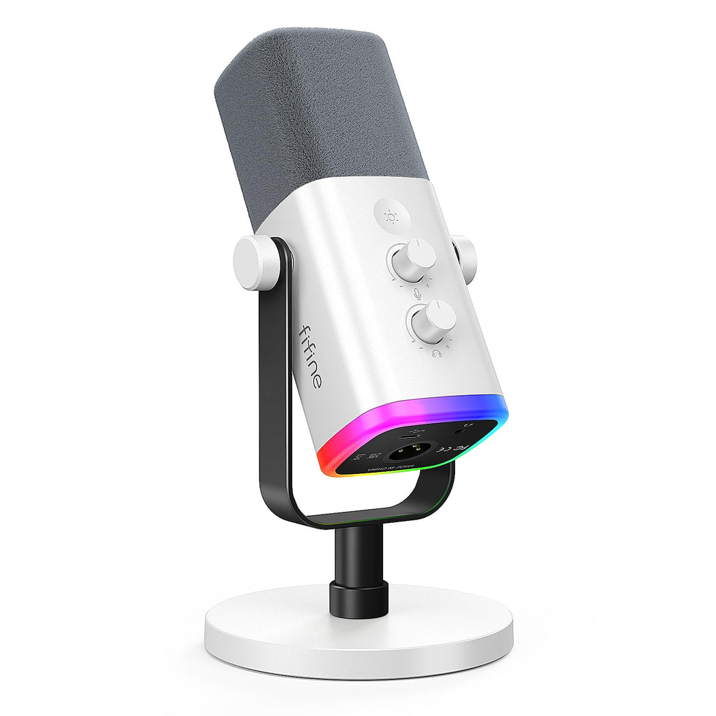 FIFINE XLR/USB White Dynamic Microphone for Podcast Recording, PC Computer Gaming Streaming Mic with RGB Light