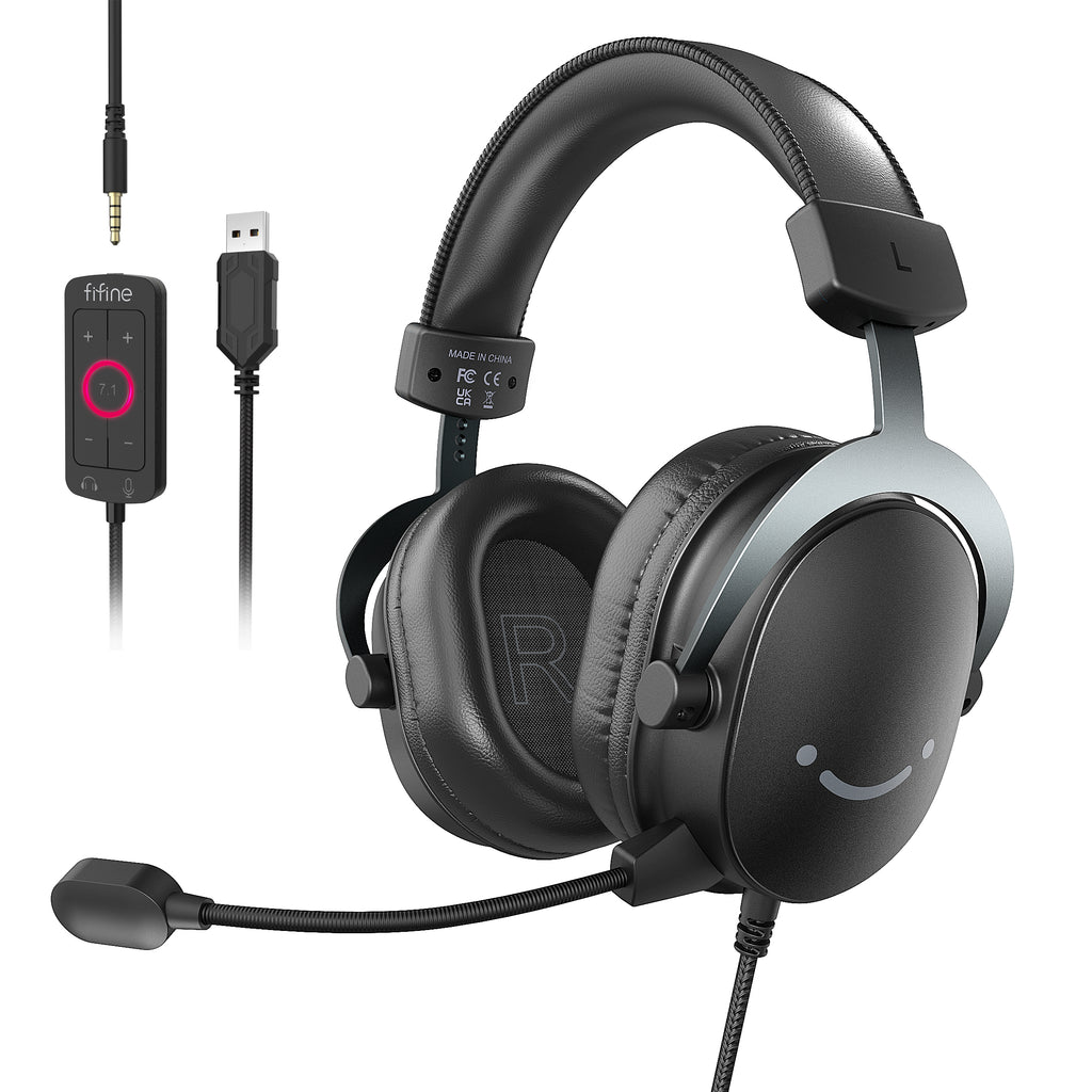 FIFINE AmpliGame H9 3.5mm Headset with USB Control Box for Mute, I/O Controls, 7.1 Surround Sound for Console/PC - Black