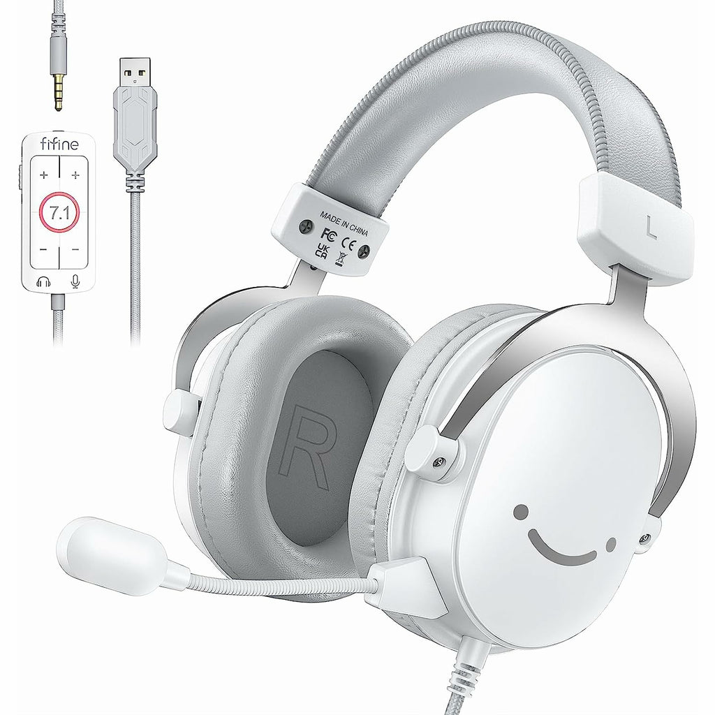 FIFINE AmpliGame H9 3.5mm Headset with USB Control Box for Mute, I/O Controls, 7.1 Surround Sound for Console/PC - White