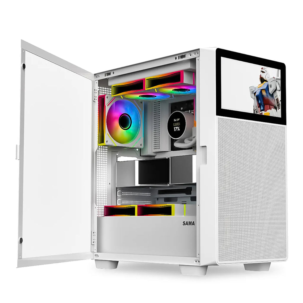 SAMA 4367 V Play ATX Pc Case with 8 Inch Led Screen,3 PWM Argb Fans Pre-Installed PC Case  - White