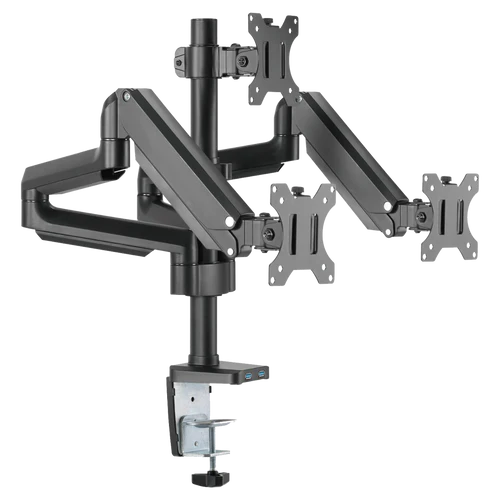 Twisted Minds Premium Triple Monitors Aluminum Pole Mounted Gas Spring Monitor Arm With USB Ports - Black